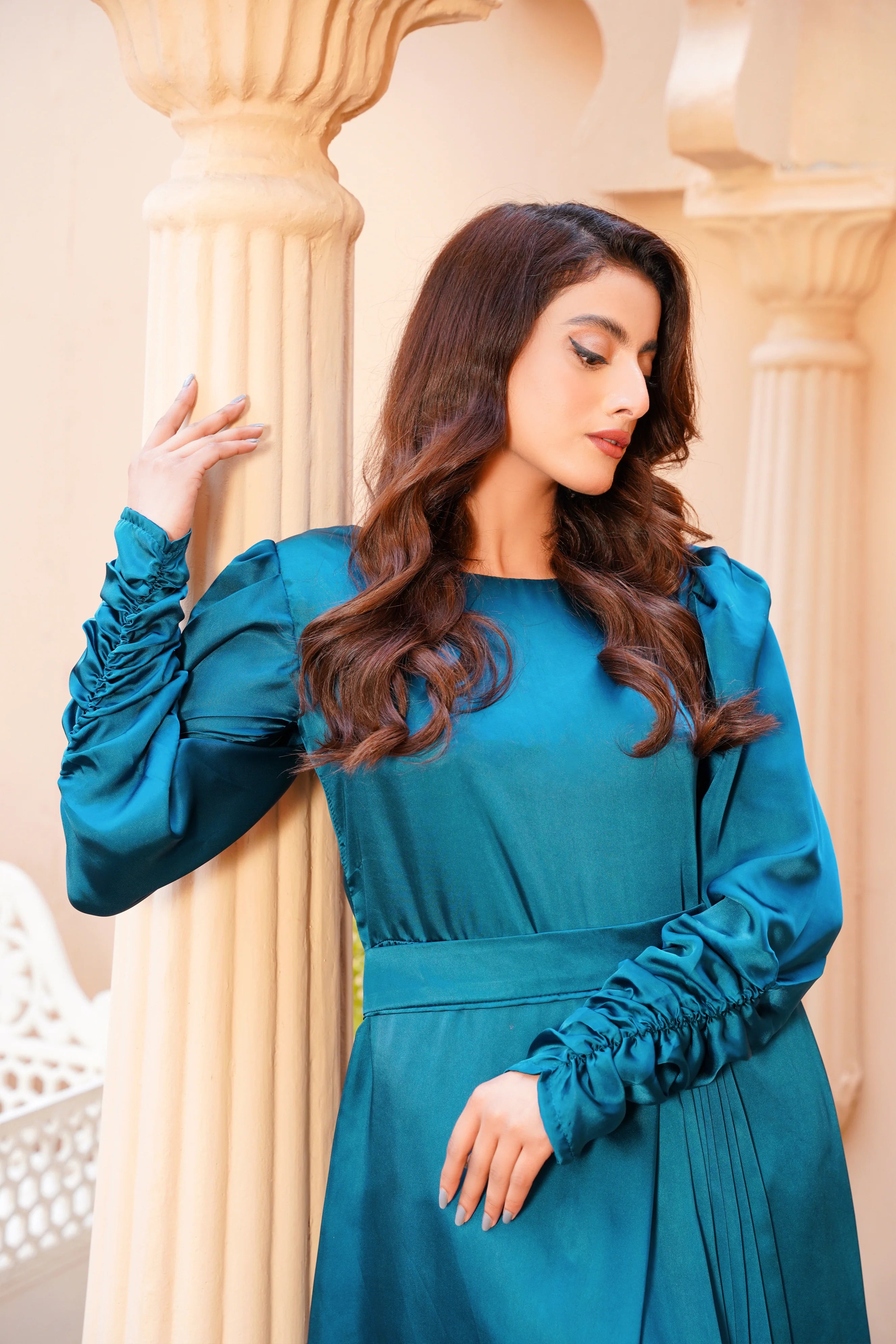 Teal Green Silk Long Maxi Dress
